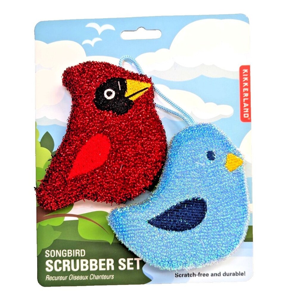 Kikkerland Songbird Scrubby Spong Set Red Cardinal Bluebird Kitchen Scratch-Free